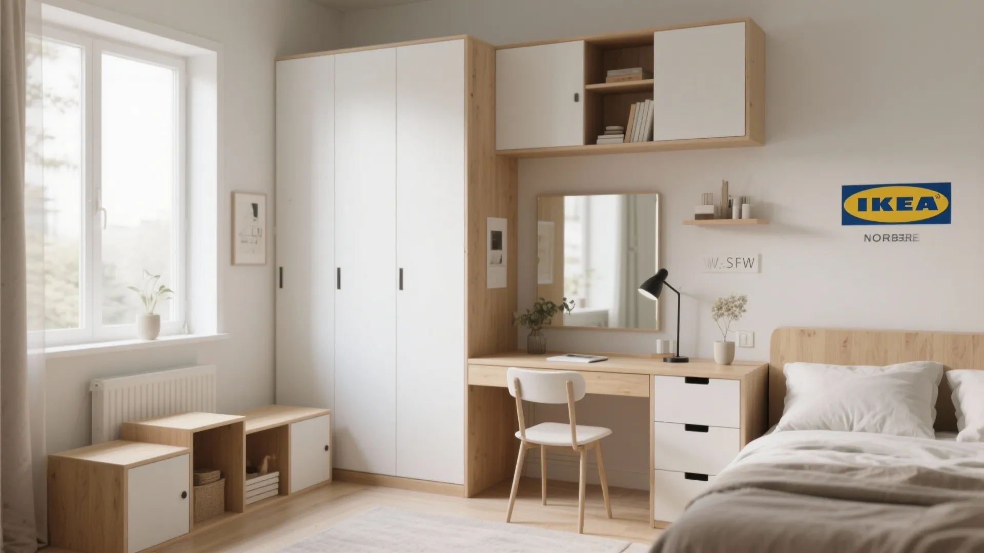 Folding table used as both desk and vanity with storage cubes