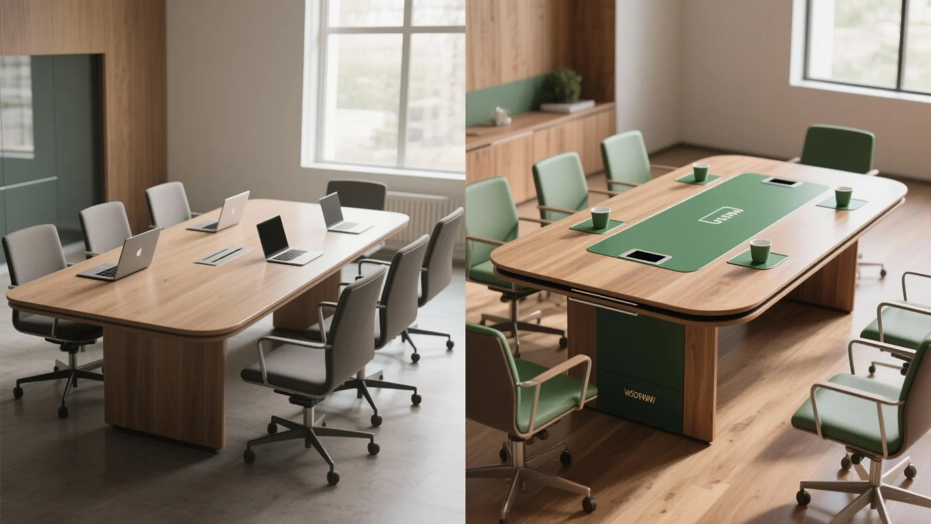 Before and after comparison of a meeting room table changing from grey to green theme