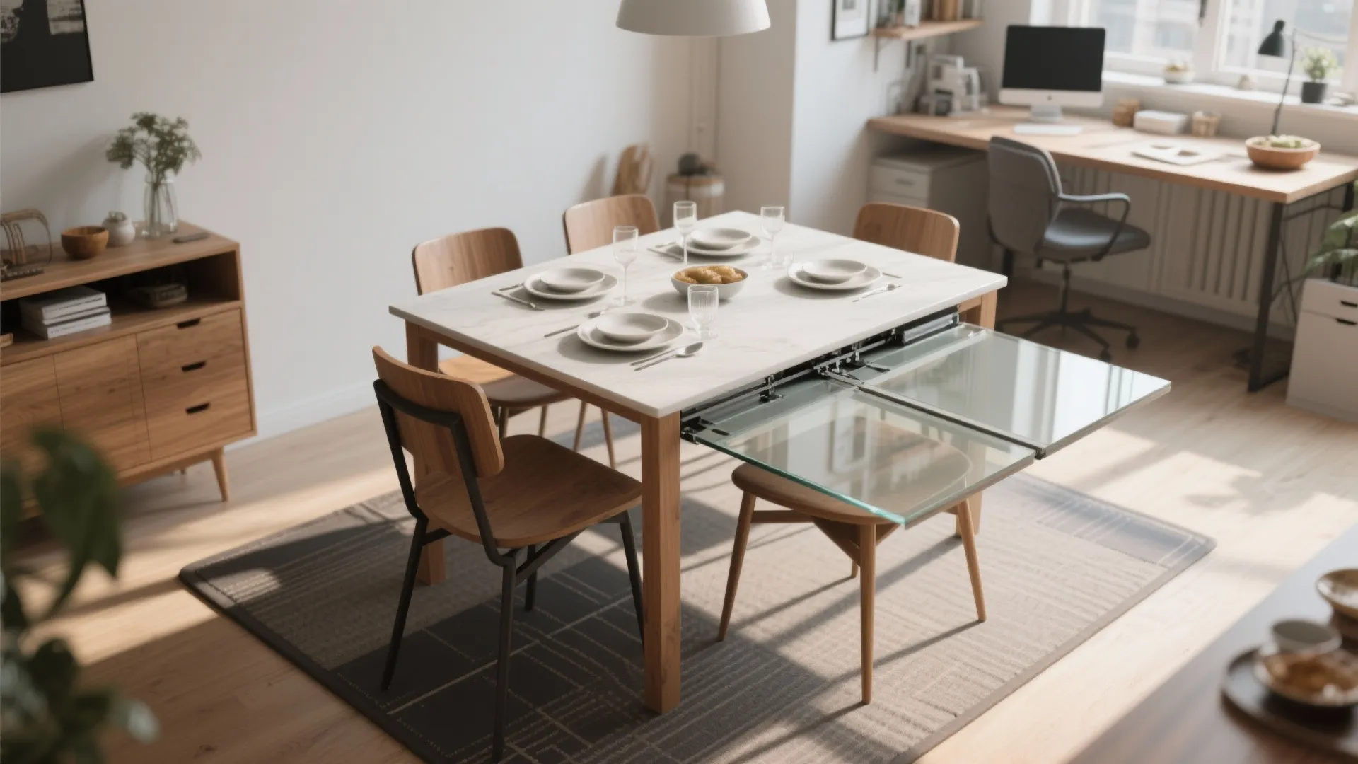 Modern white dining table with wooden chairs and glass extension leaf in a bright room