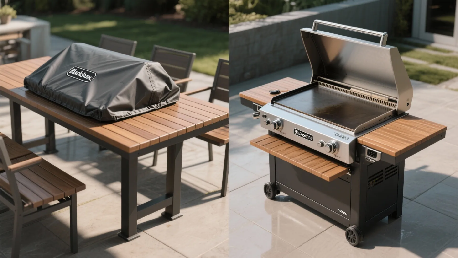 Comparison showing a covered outdoor griddle on a wooden table versus an open cooking station