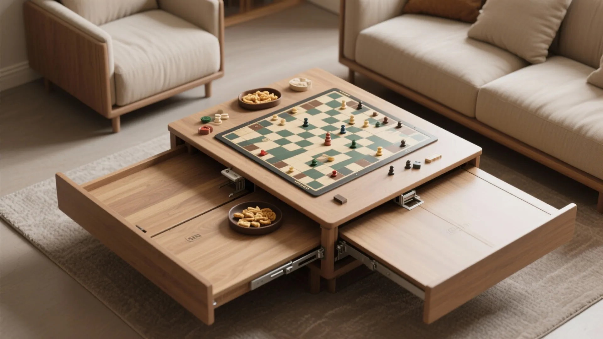 Top-down sequence of a convertible coffee table transforming into a board-game and dining surface with hinges and removable leaf