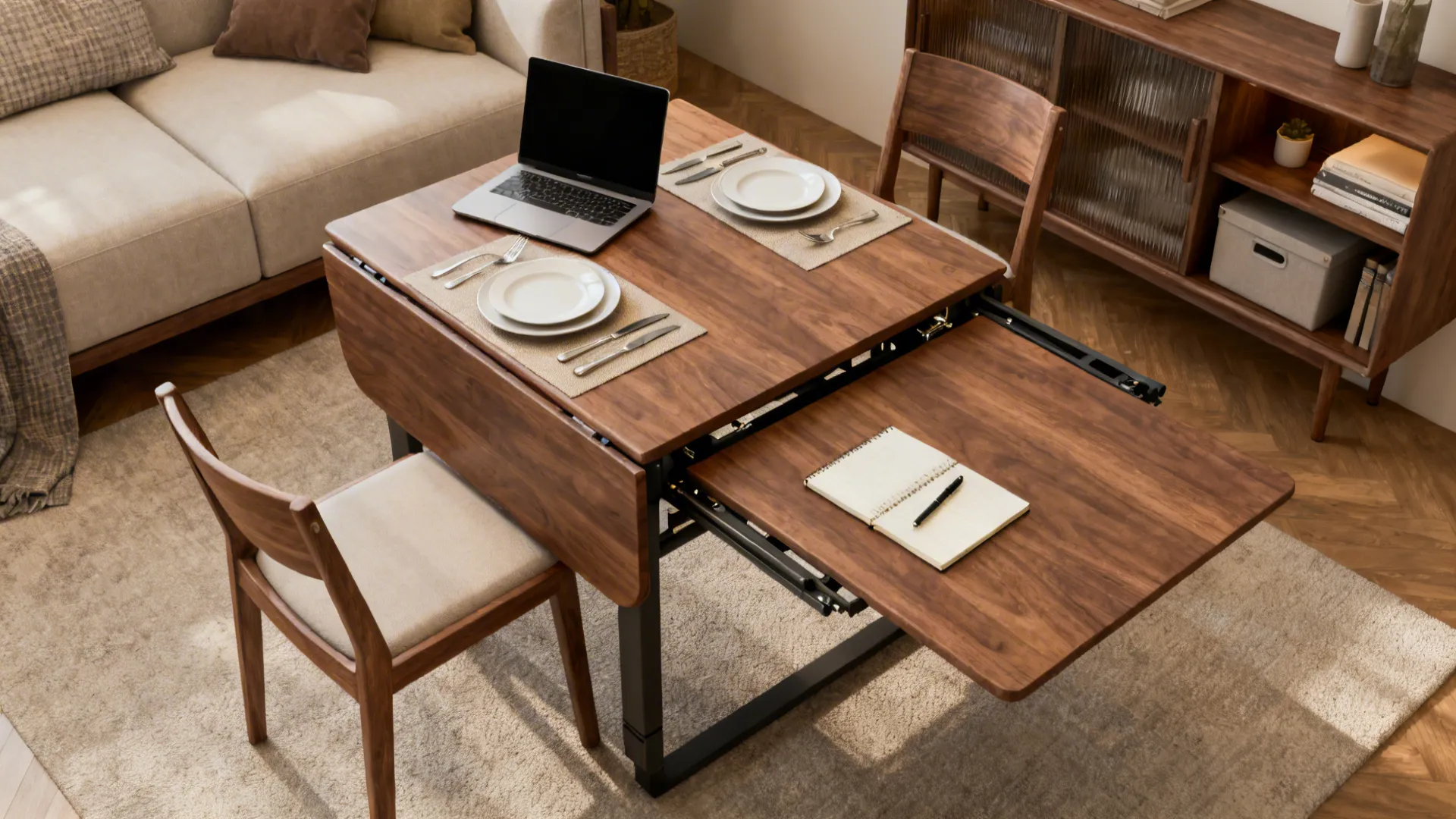 Convertible dining table half-extended serving as both dining surface and workspace with tidy organization.