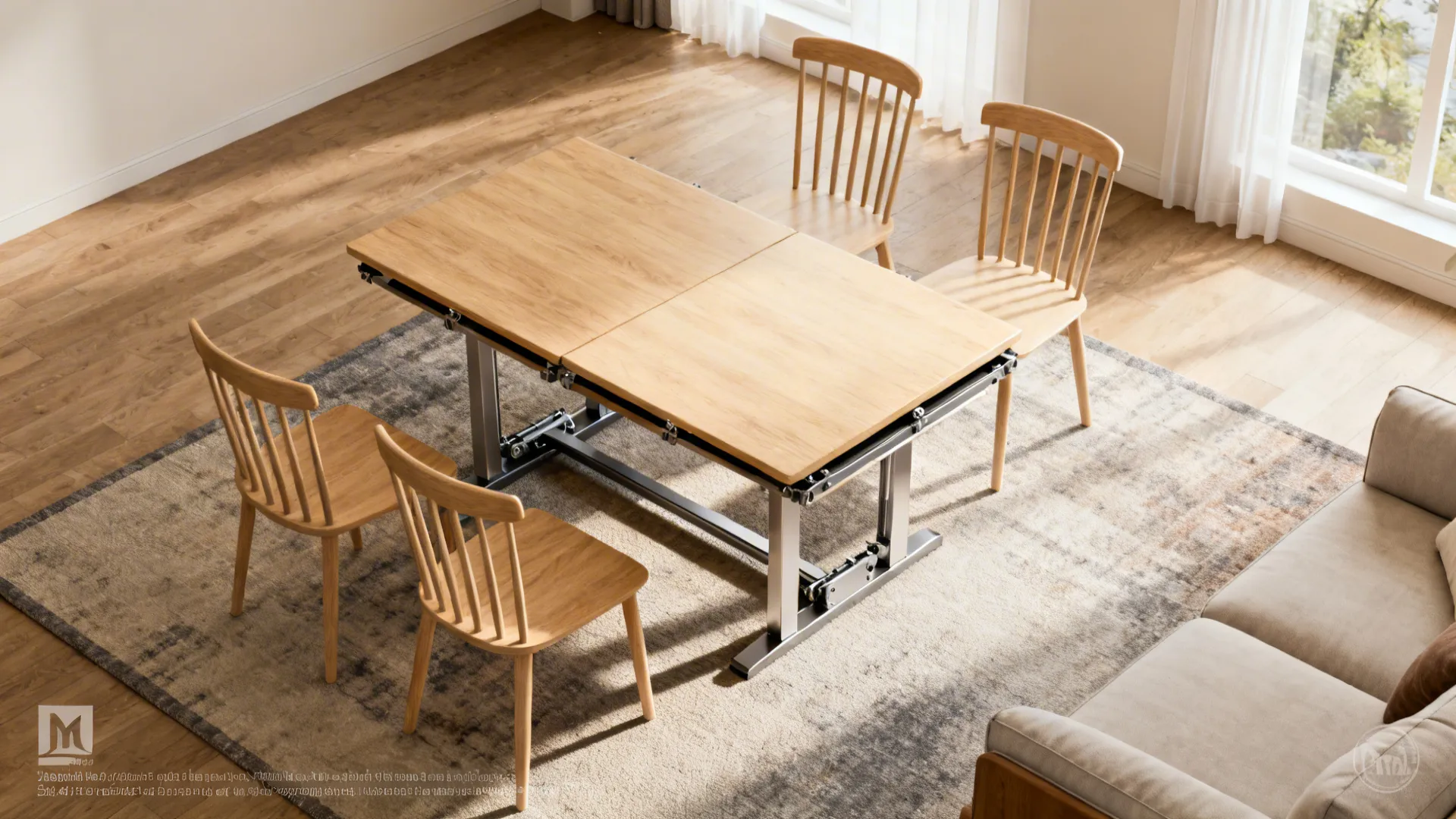 Top-down view of a convertible coffee-to-dining table mid-transformation with chairs