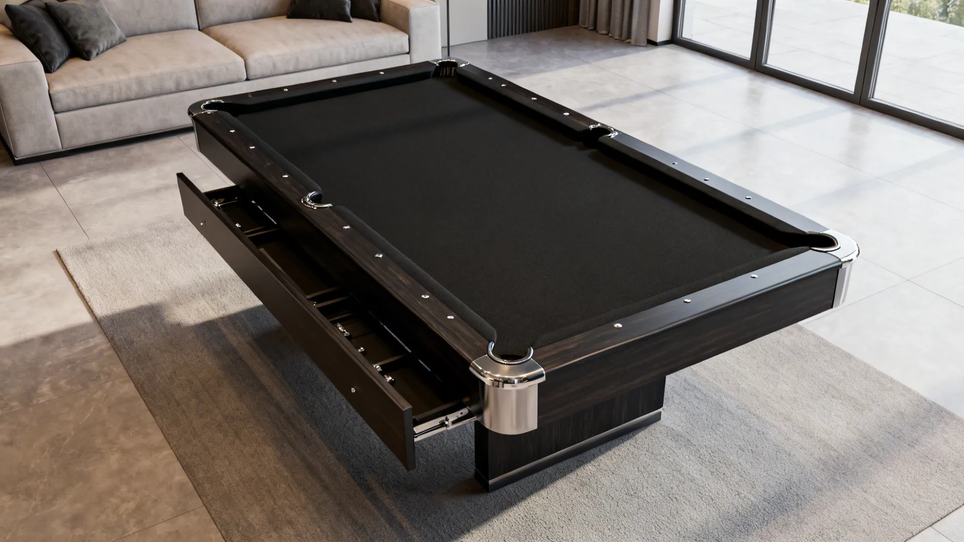 Convertible pool table with a removable dining top shown in both game and dining configurations.