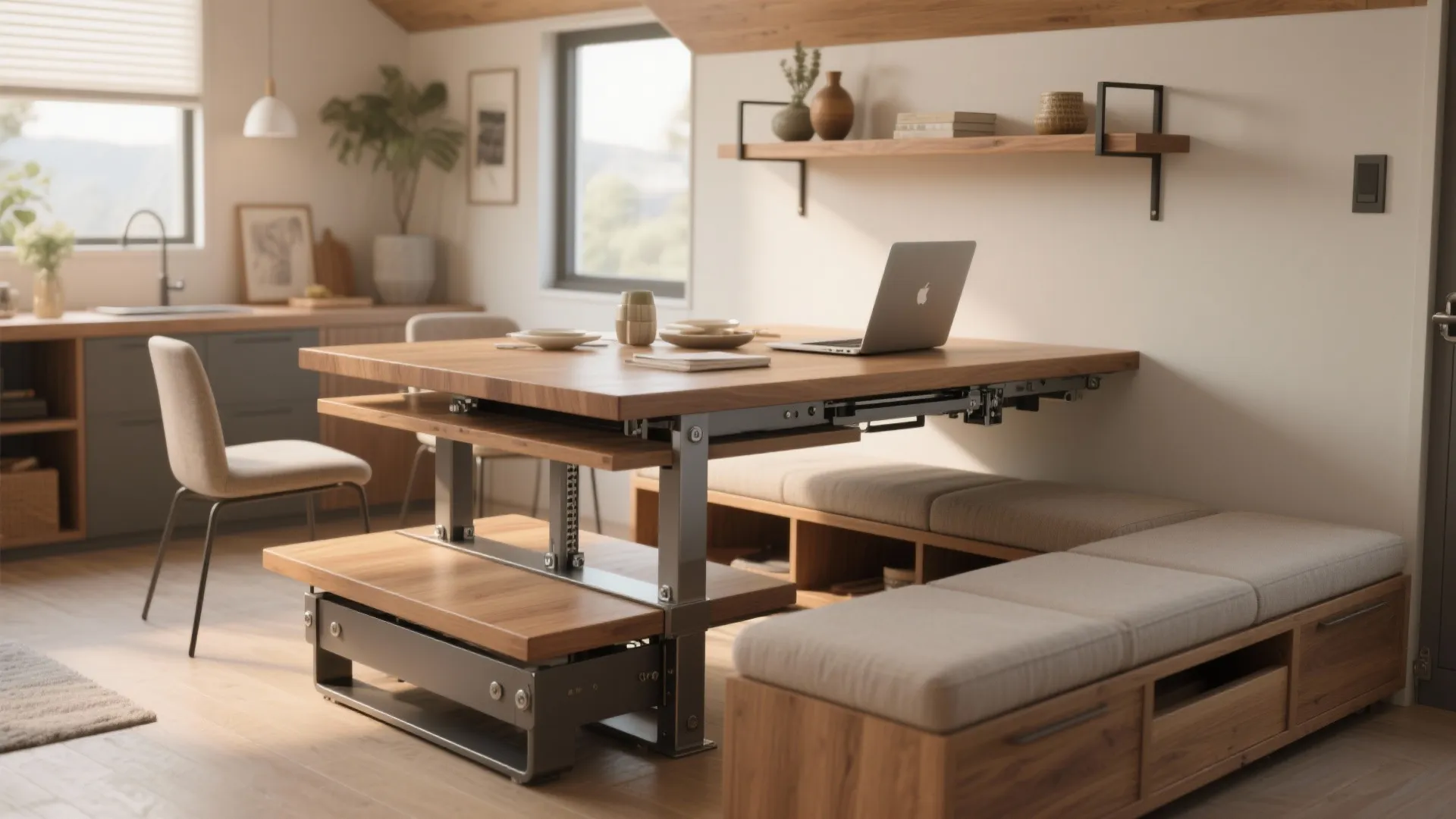 5. Convertible coffee table + bench + accent shelf