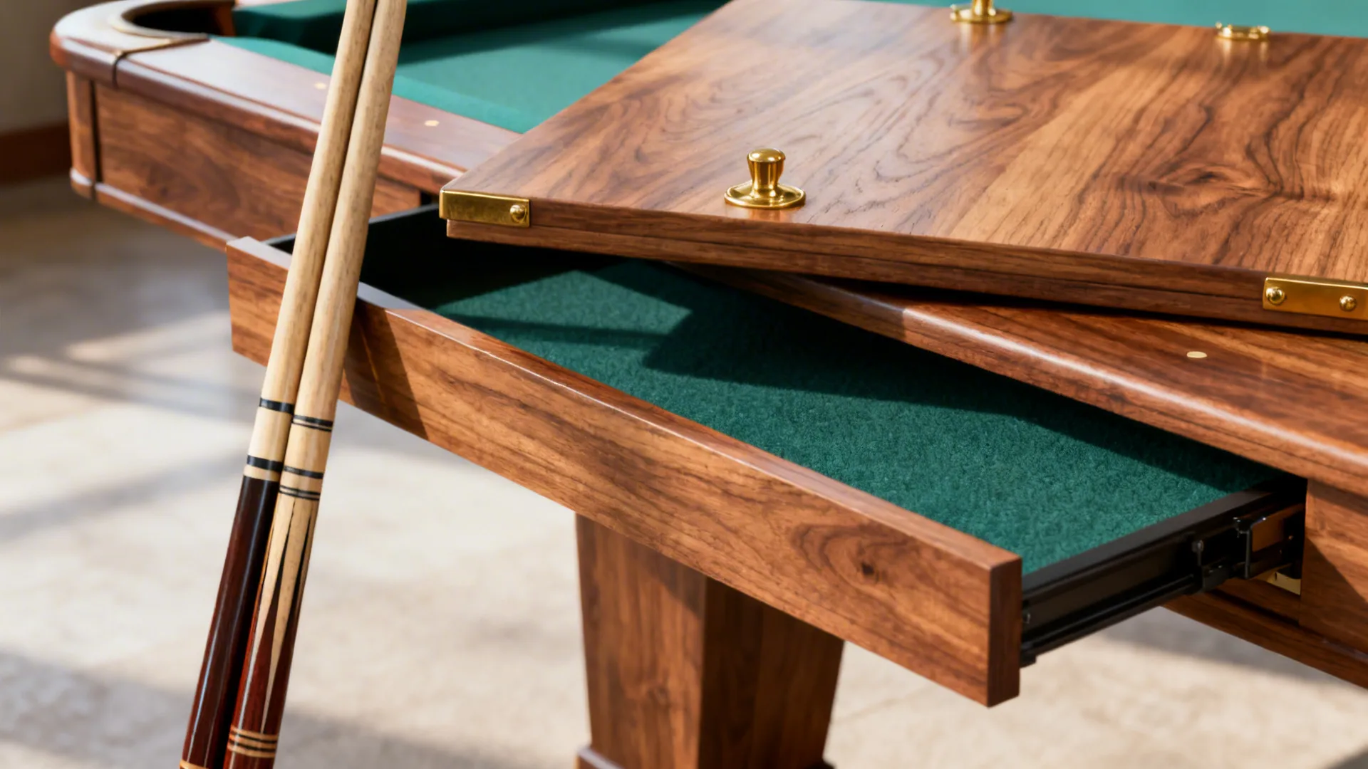 Removable tabletop being lifted to reveal a pool playing surface beneath