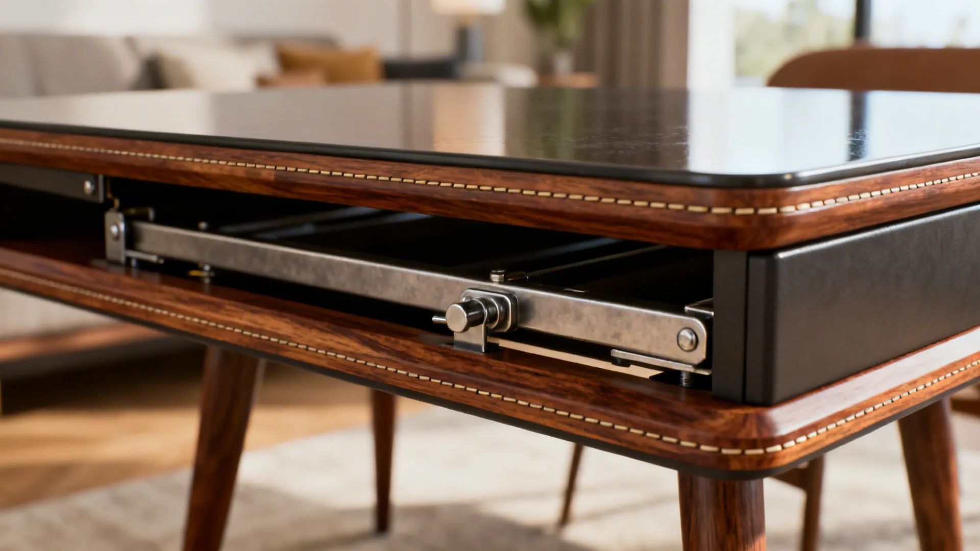 Close up of a wooden table showing the metal sliding track mechanism for an extendable top