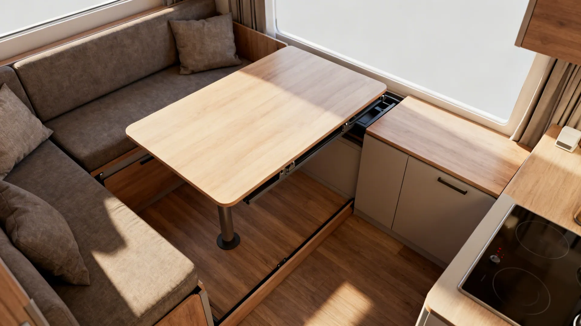 Small room showing a convertible coffee table and slim sofa bed in use.