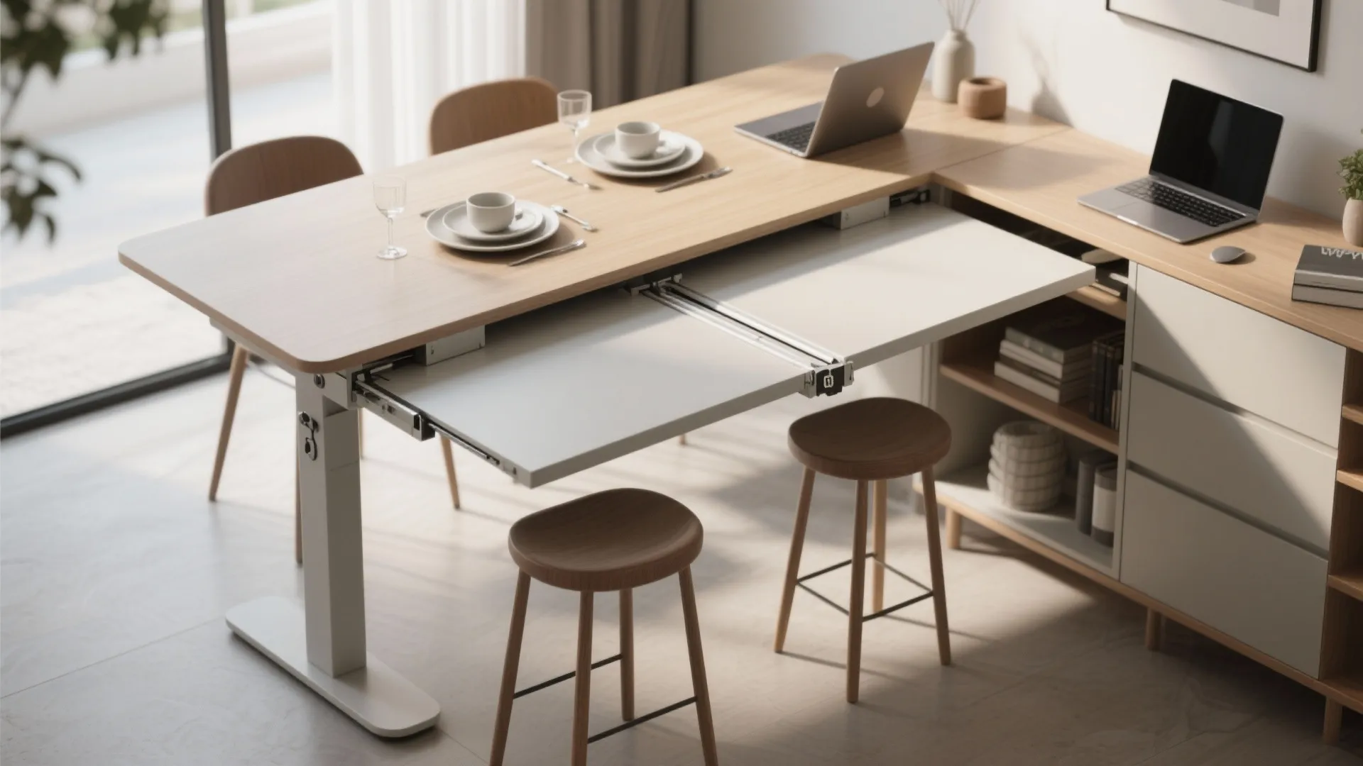 Adjustable wooden dining table with pull out extension feature for space saving in home office