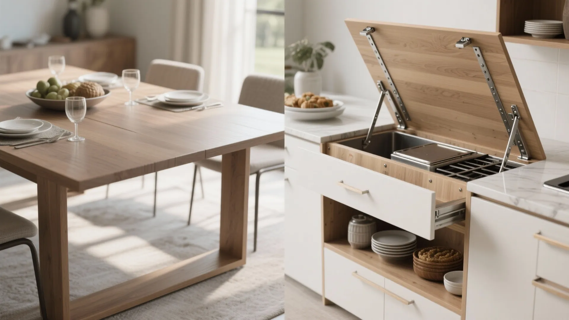 Convertible farm table shown as dining table and with removable top lifted to reveal serving prep surface and cleats.
