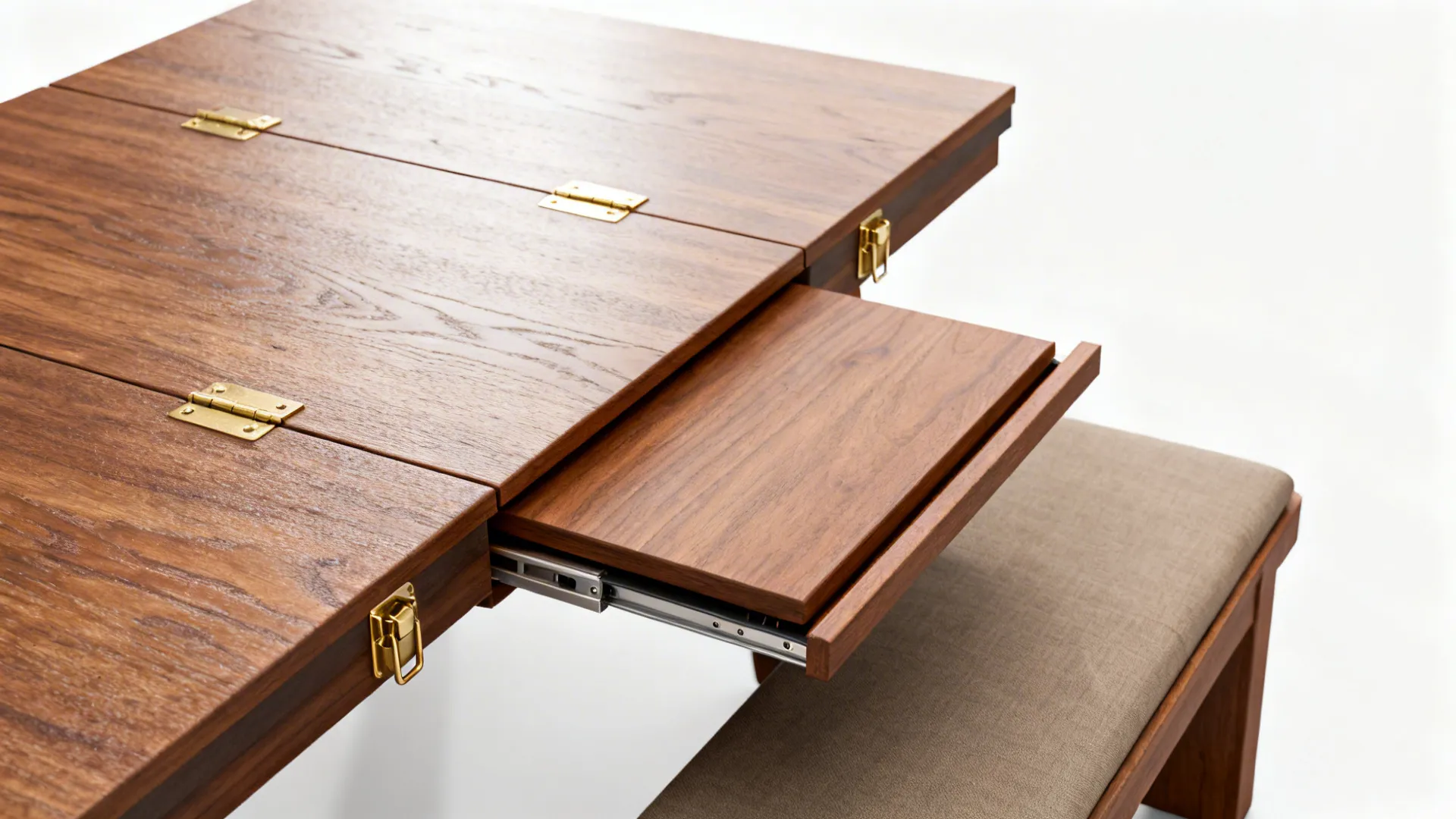 Convertible wooden top placed on a pool table, shown as a dining surface with integrated bench