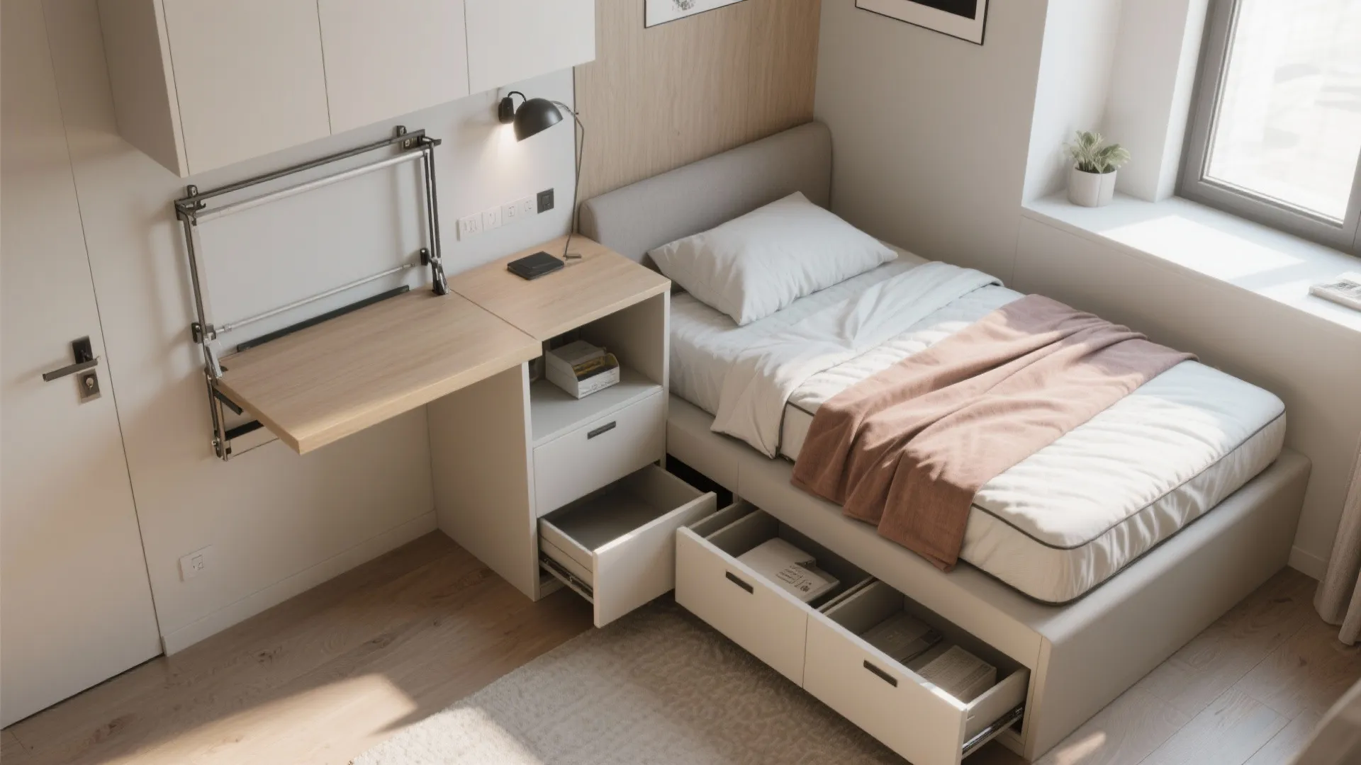 Modern small bedroom featuring a single bed with storage drawers and a wall mounted desk
