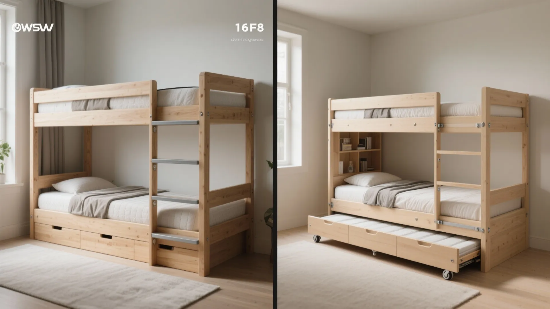 Before and after comparison of a wooden bunk bed with and without a pull-out bed