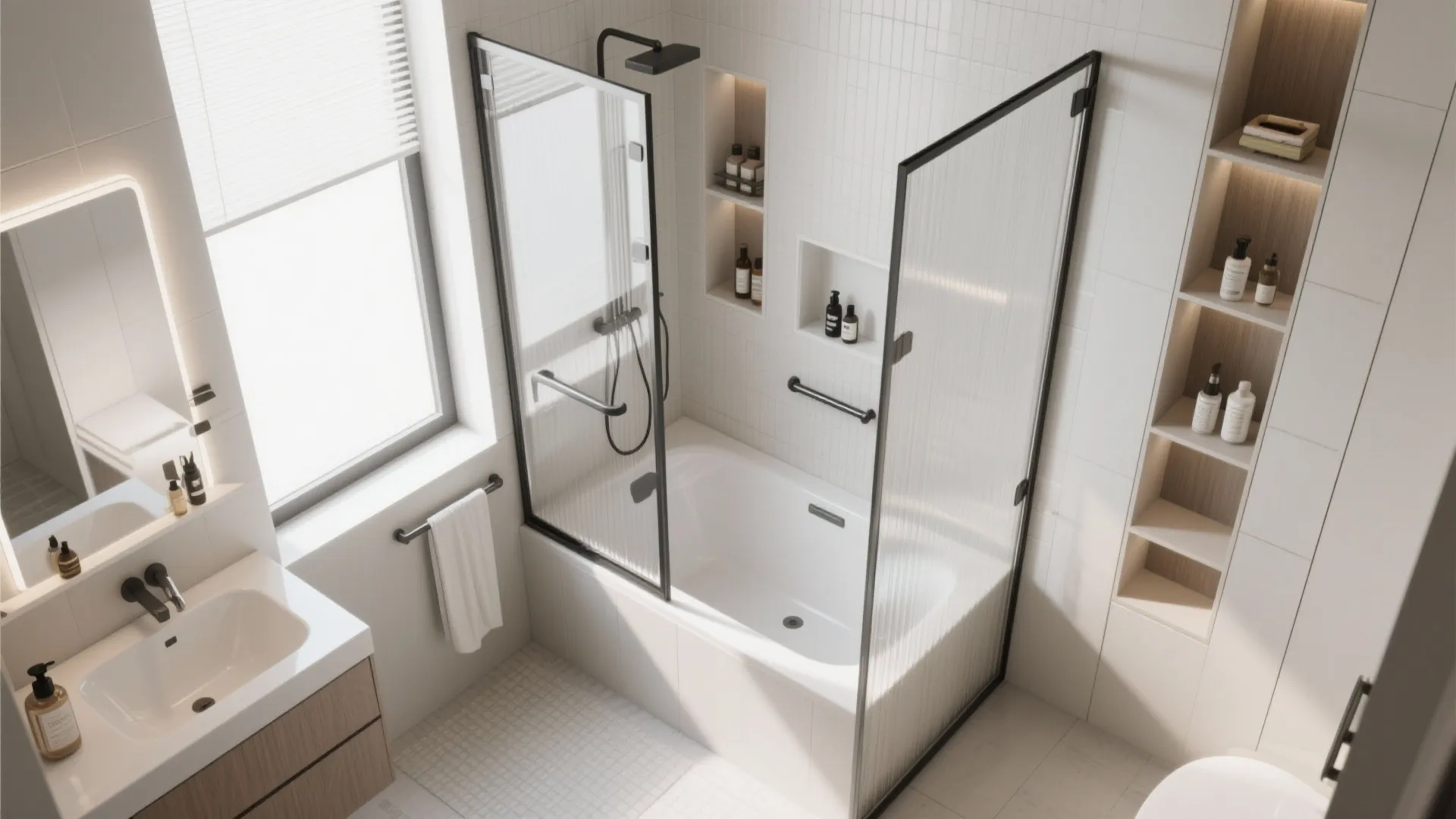5. Convertible tub-shower solution with smart storage