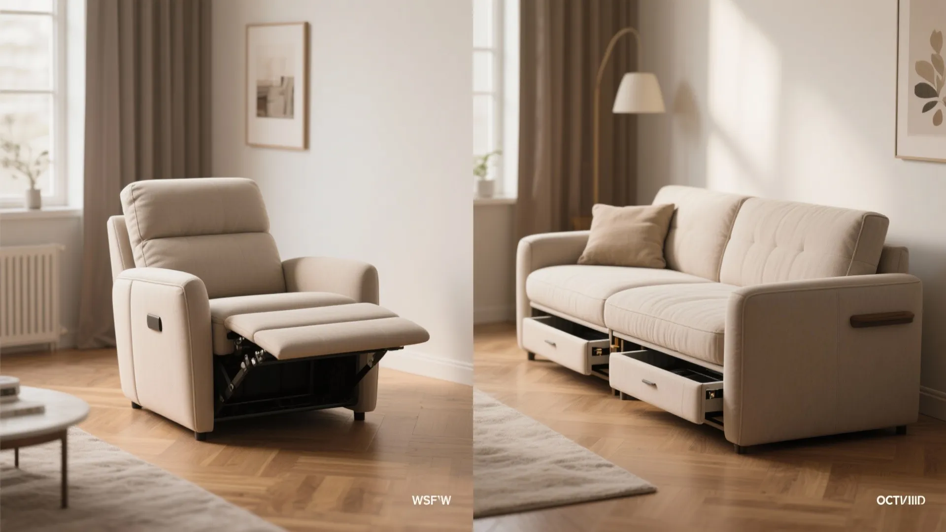Side-by-side view showing a beige recliner chair and a sofa with built-in storage drawers beneath