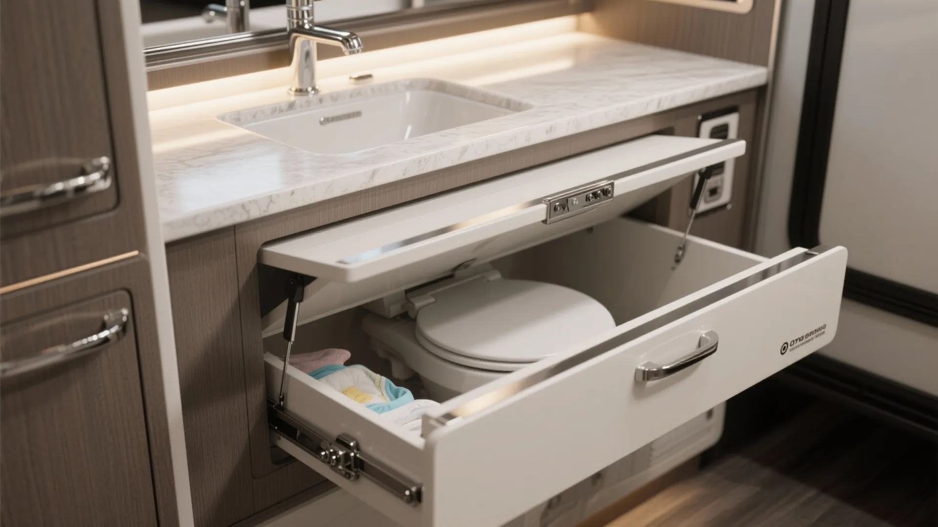 Close-up of a flip-up vanity in an RV revealing hidden toilet and storage with marine-grade hinges