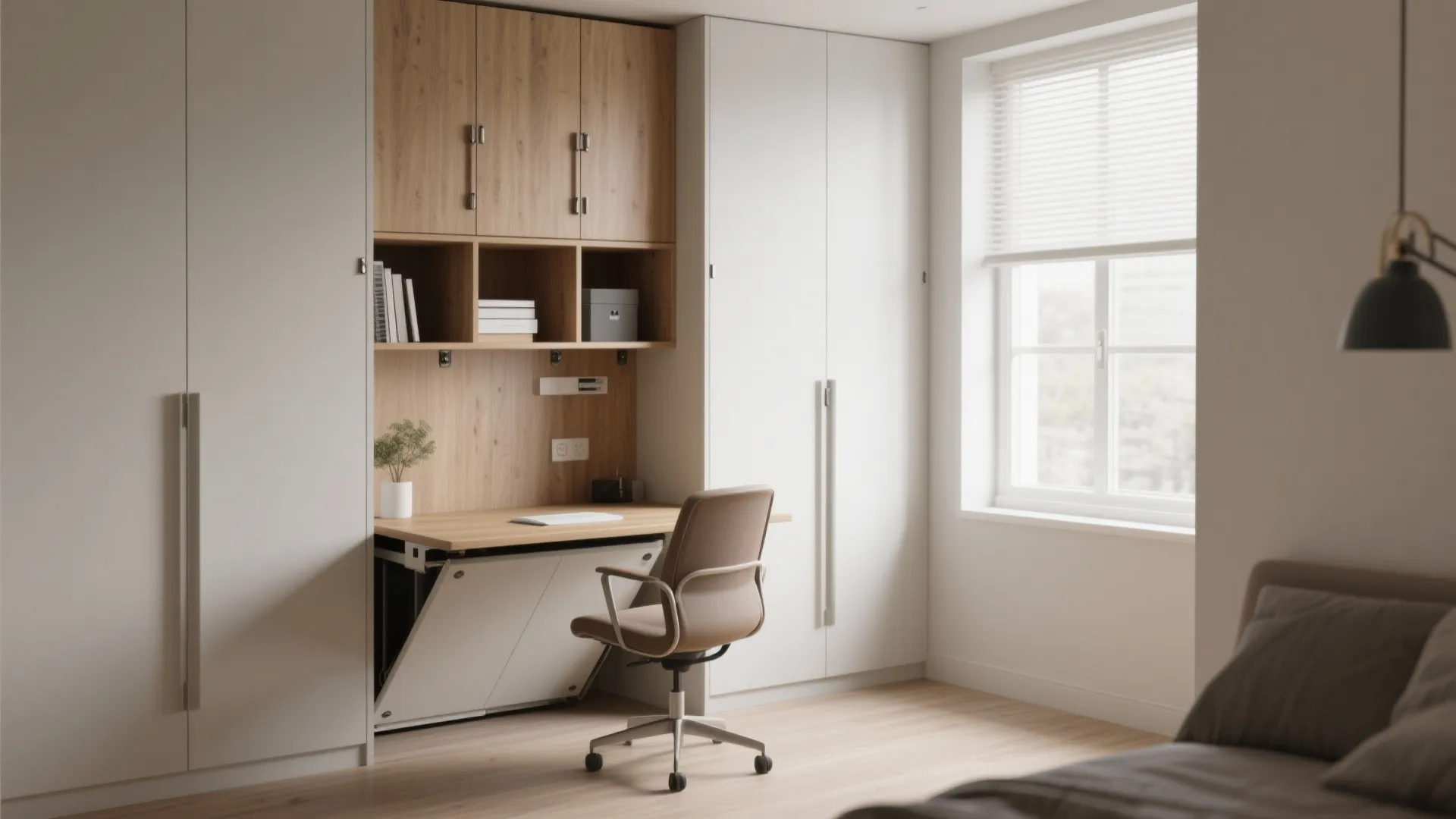 Modern home office with white cabinets wooden desk brown chair bright windows and natural light