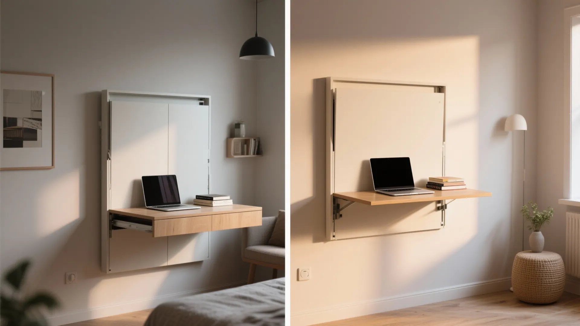 Small bedroom interior design showing a wooden wall mounted folding desk with a laptop computer