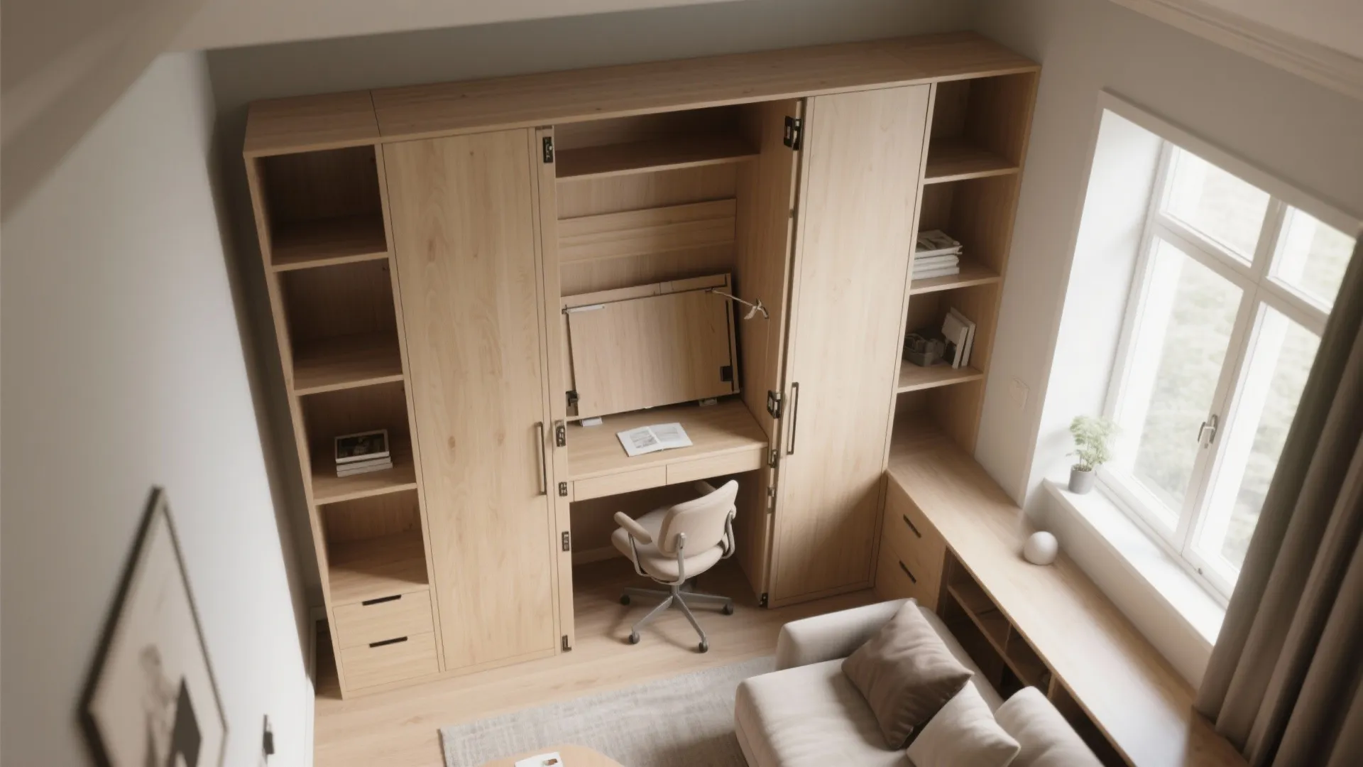 Wooden wall cabinet with integrated desk chair sofa and window seen from a high angle view