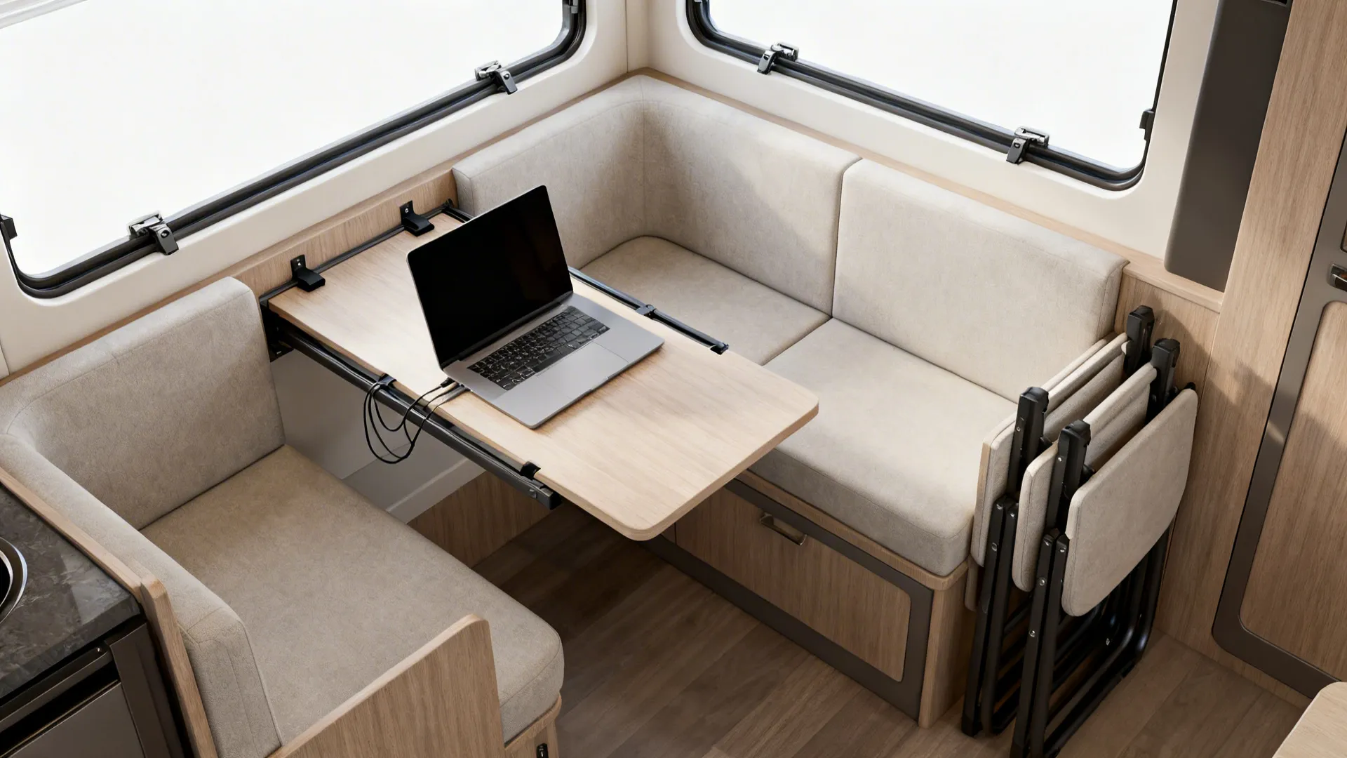 Small home office setup with laptop on folding wooden table and beige sofa near windows