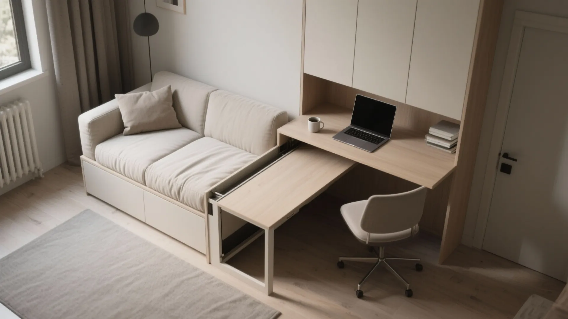 Convertible daybed sliding to reveal a narrow desk workspace in a light-finished studio, showing multi-use functionality.