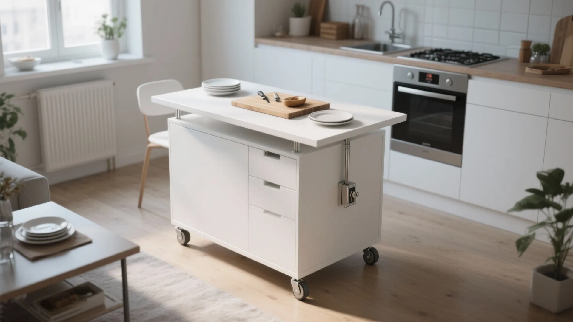 White kitchen island with wheels and drawers featuring a wooden cutting board in a kitchen