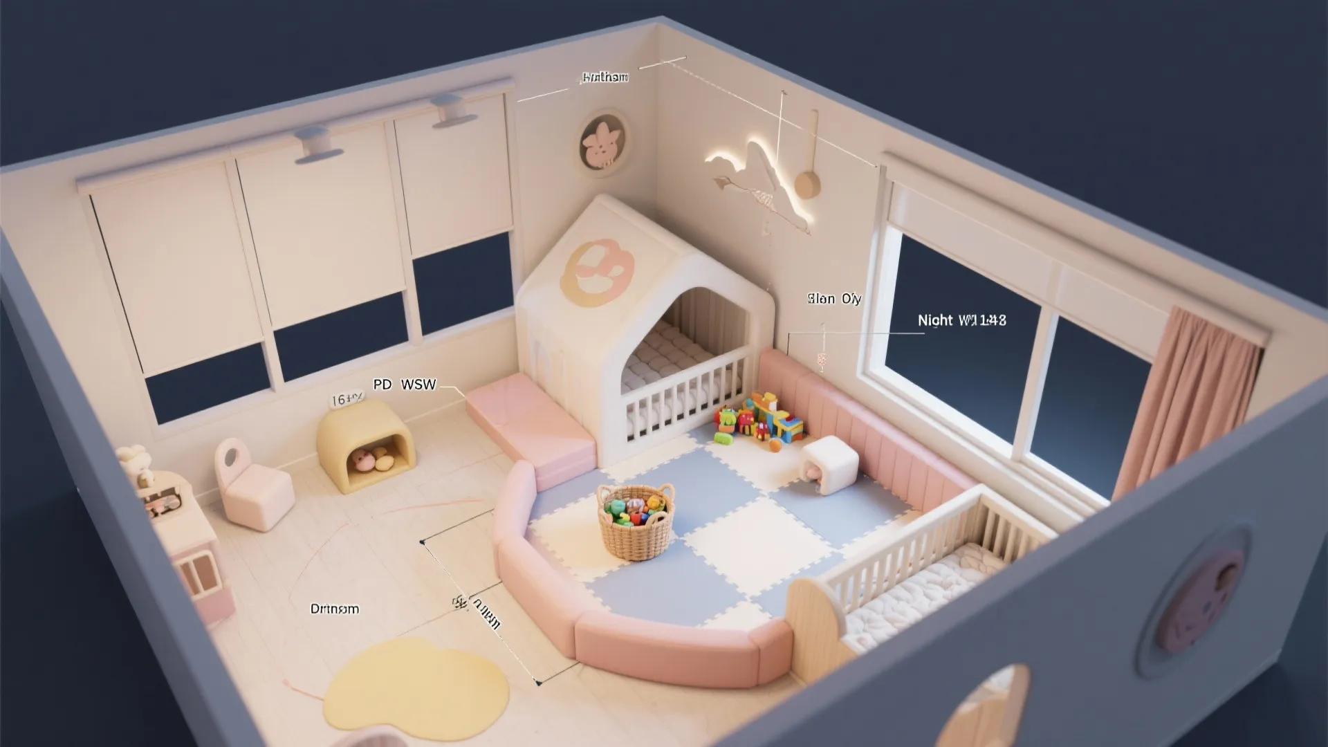 3. Convertible play-and-sleep zone with a 3D mockup