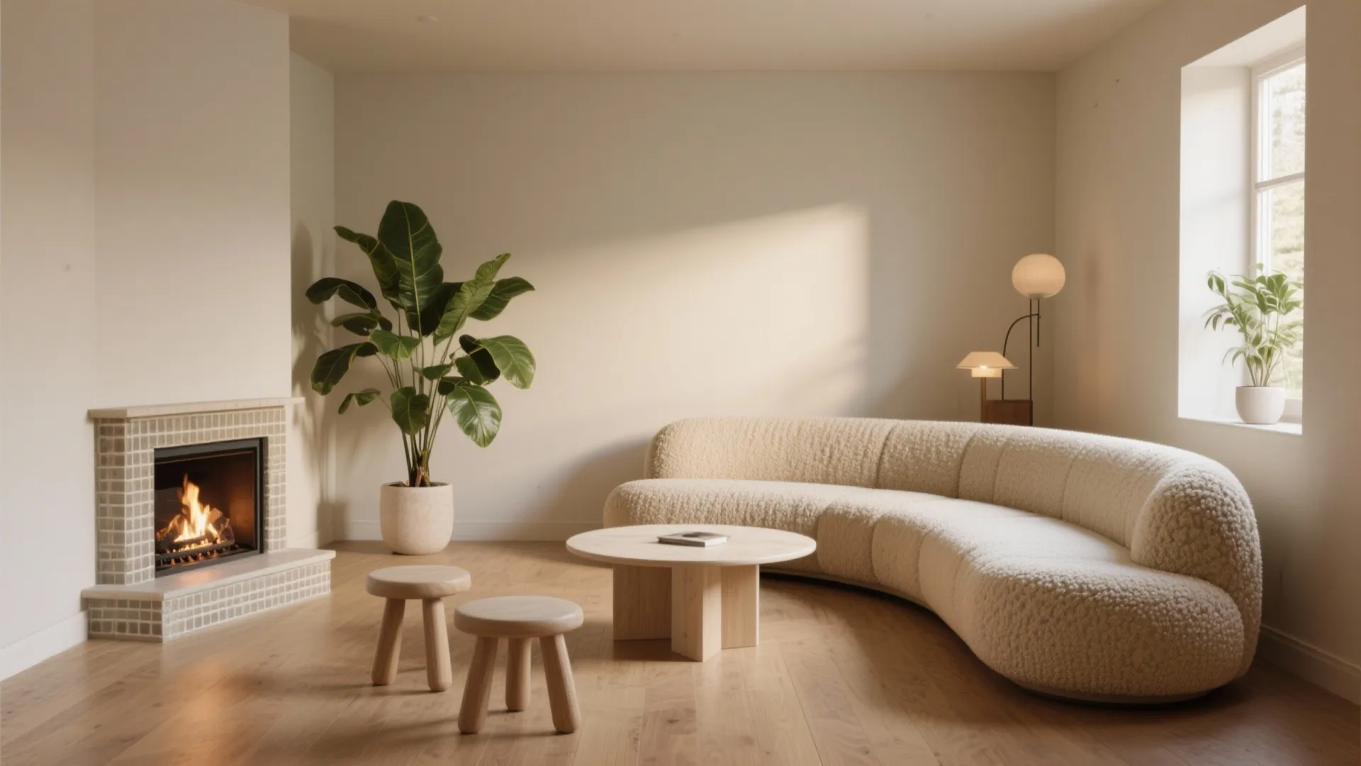 Modern living room with curved beige sofa wooden coffee table two stools fireplace and indoor plant
