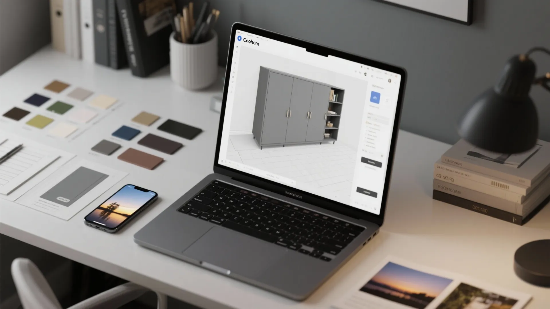 Top-down desk shot with Coohom floor planner on laptop and grey cabinet paint swatches