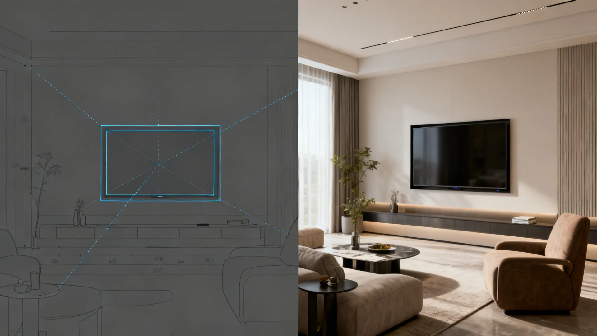 Split-screen showing 2D floor plan and 3D room mockup for TV placement planning.