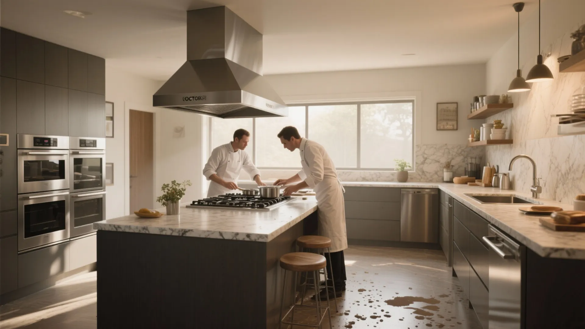 Two professional chefs in white coats cooking at a marble kitchen island with a stove