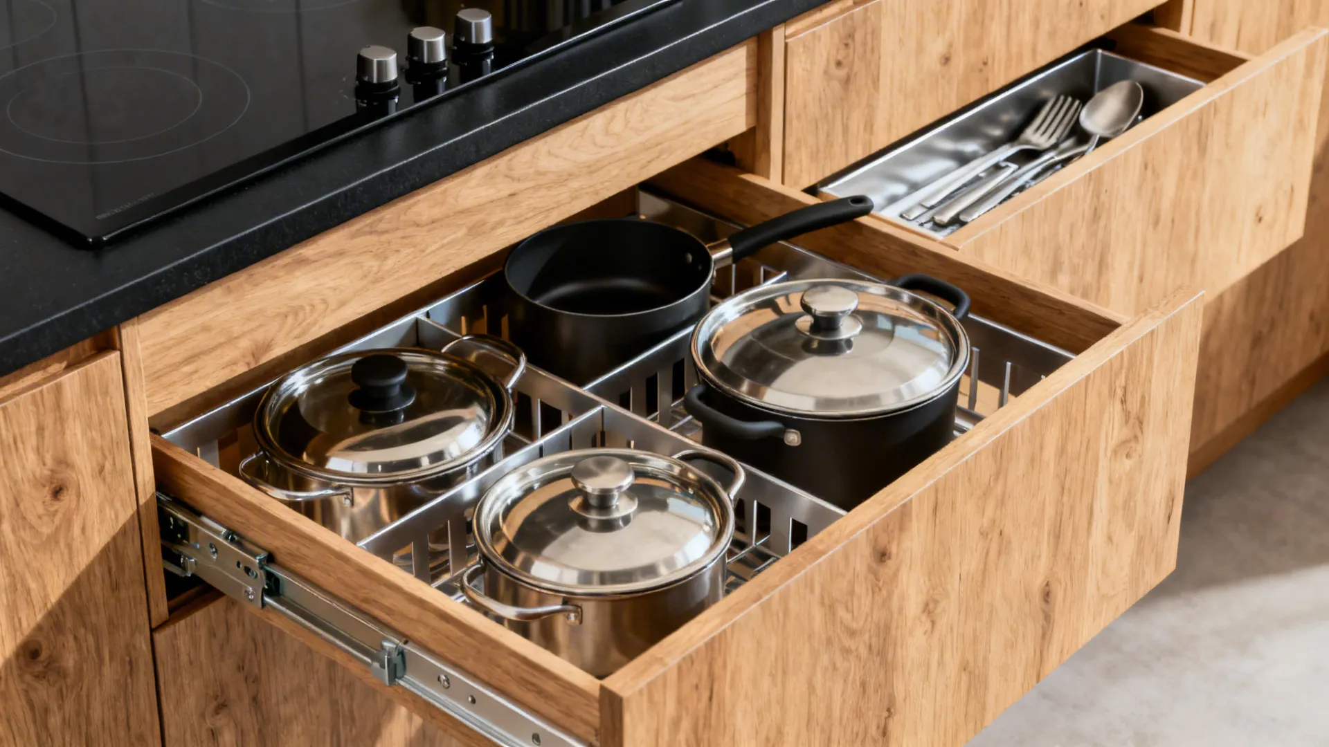Drawer-based zones for cooking, prep, and cleaning