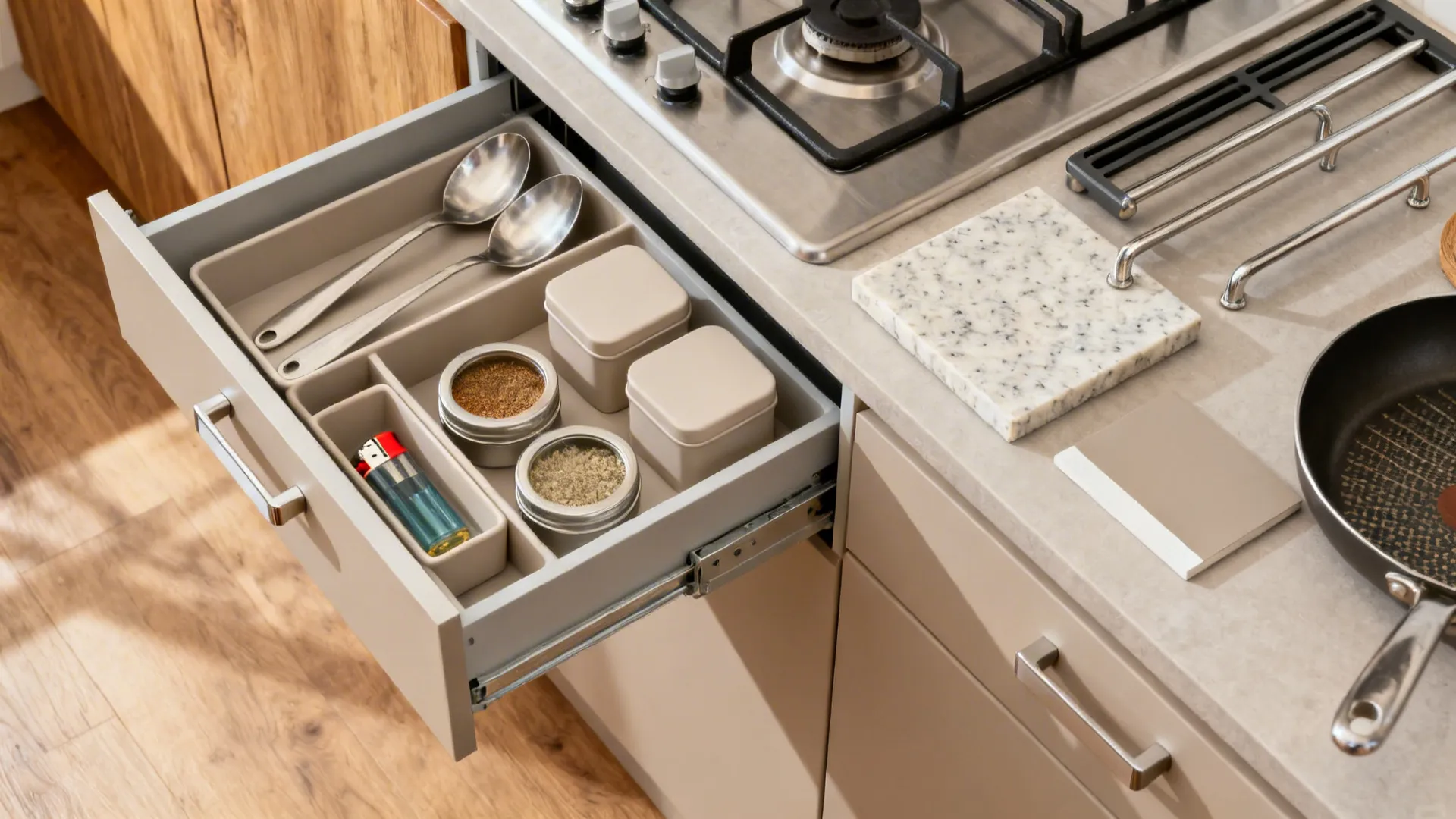 Flat lay of slim drawer inserts, spice tins, quartz, cabinet swatches, and stainless rail for a compact cook zone.