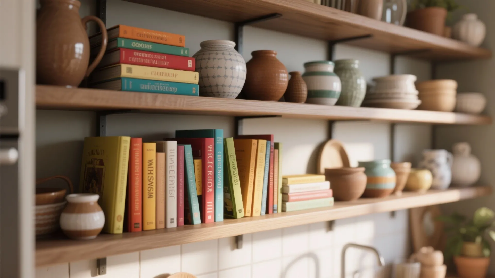 Close up of wooden shelves featuring colorful books ceramic vases bowls and jars in kitchen