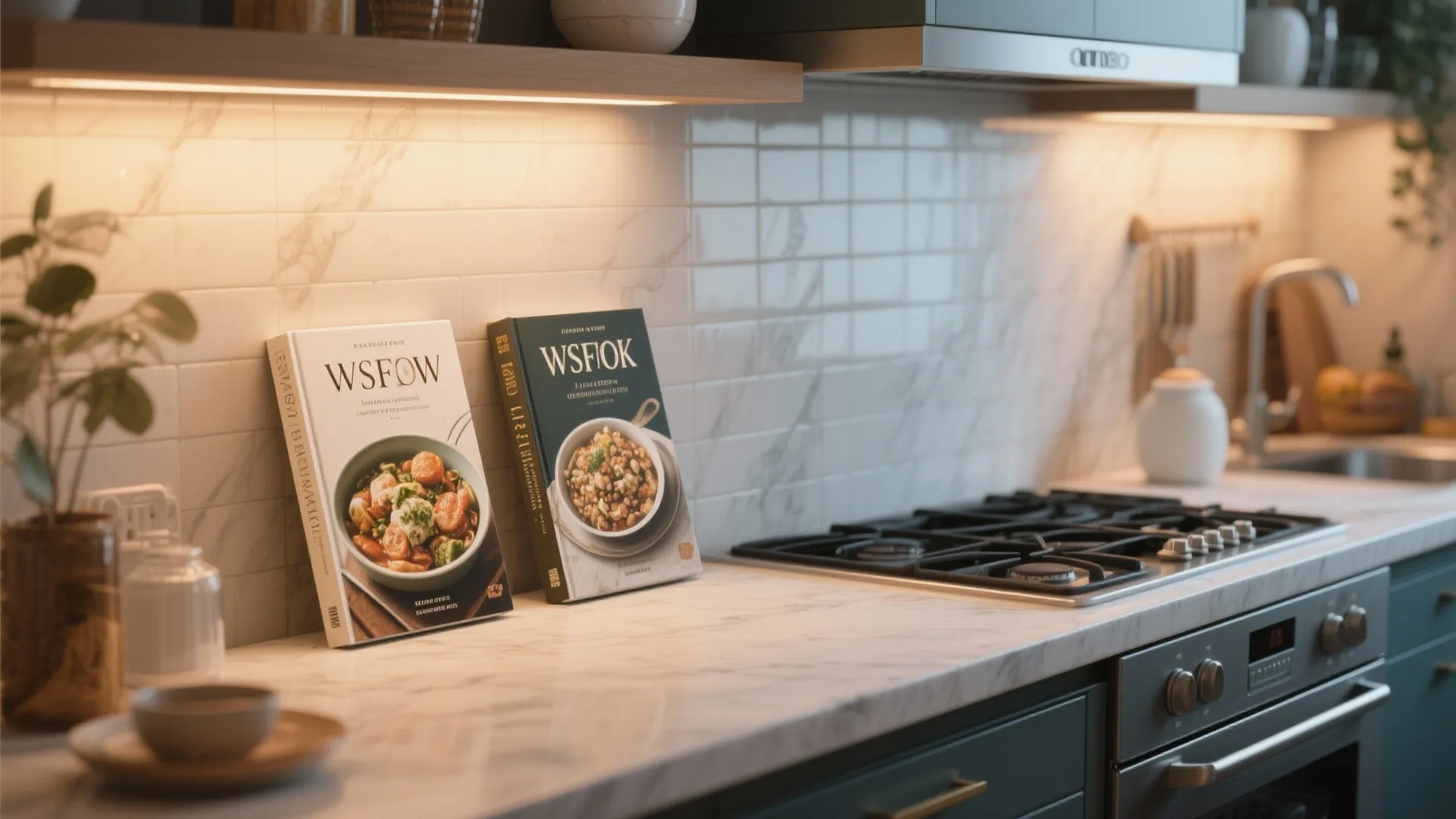 Cookbooks leaning against wall on a kitchen counter
