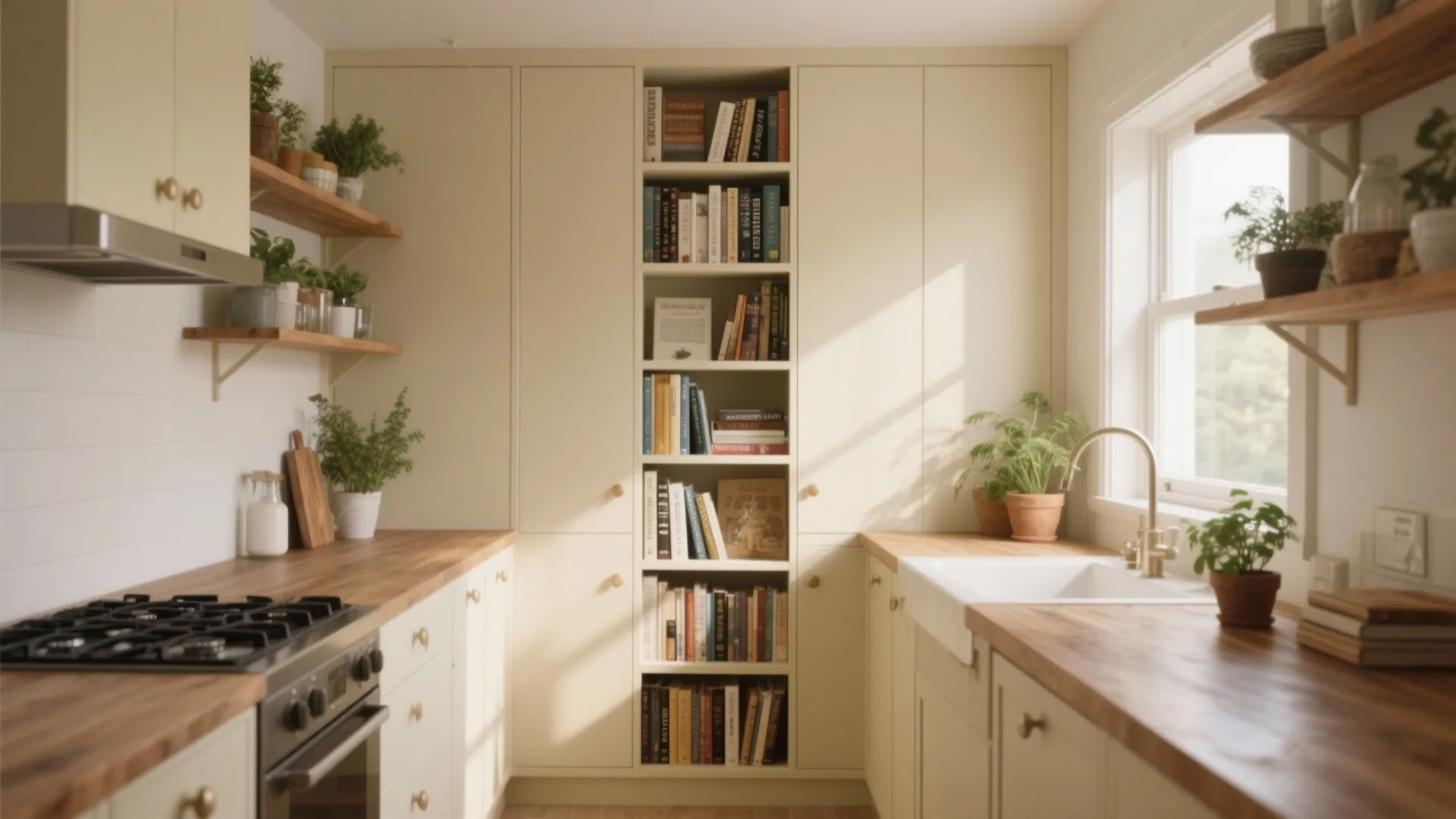Modern cream kitchen with wooden countertops sink stove large cabinet and wall shelves with green plants