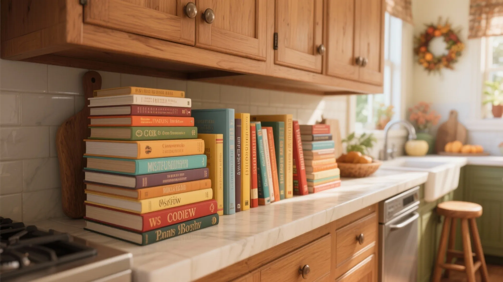 Colorful cookbooks stacked on a marble kitchen counter under wooden cabinets for easy meal planning