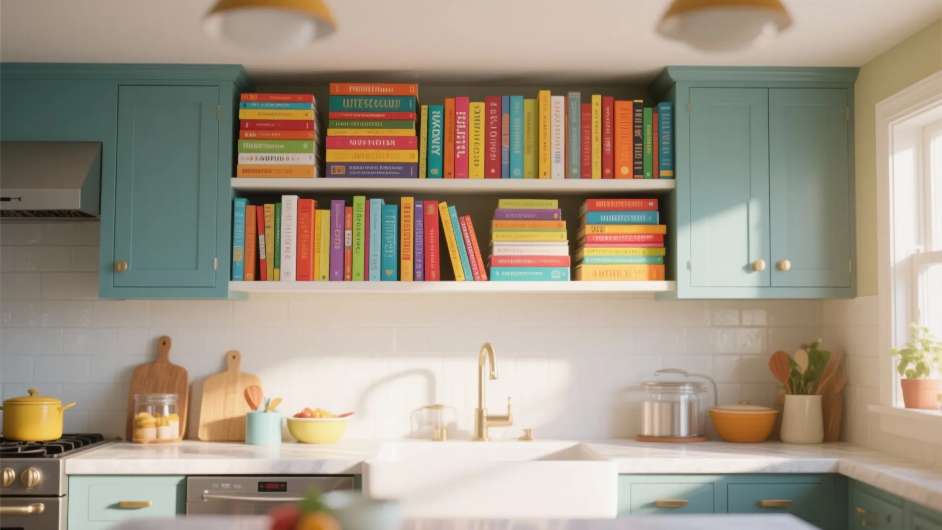 Colorful cookbooks stored on white open shelves between teal blue kitchen cabinets above a sink