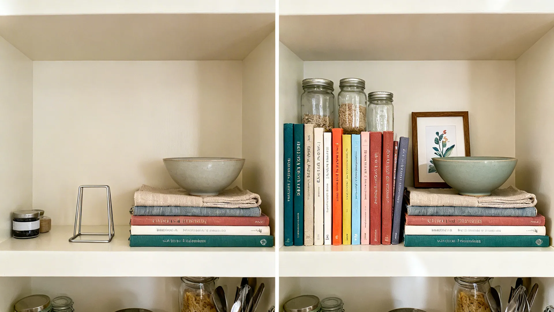 Before-and-after of a small kitchen shelf transformed with curated cookbooks and a small framed print.