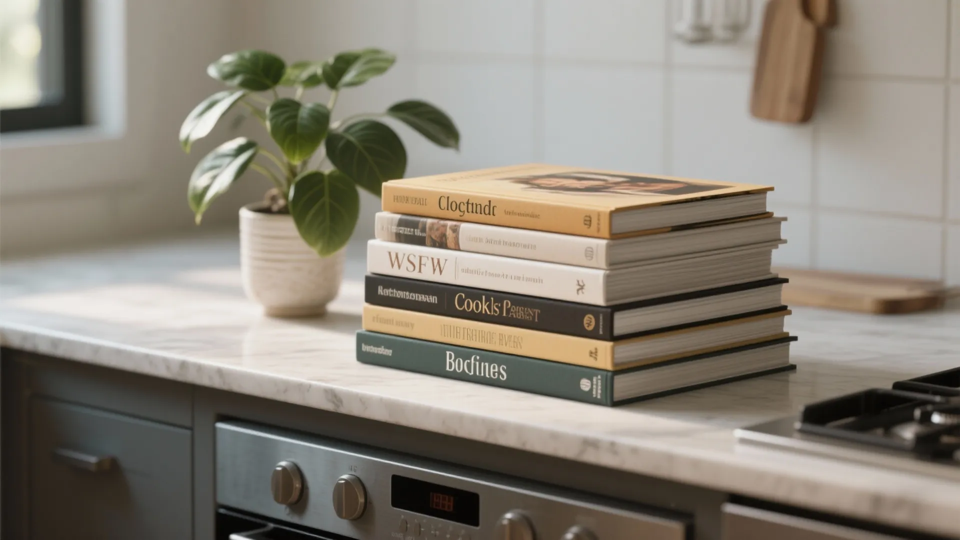 Stack of colorful cookbooks on a white marble kitchen counter next to a green plant