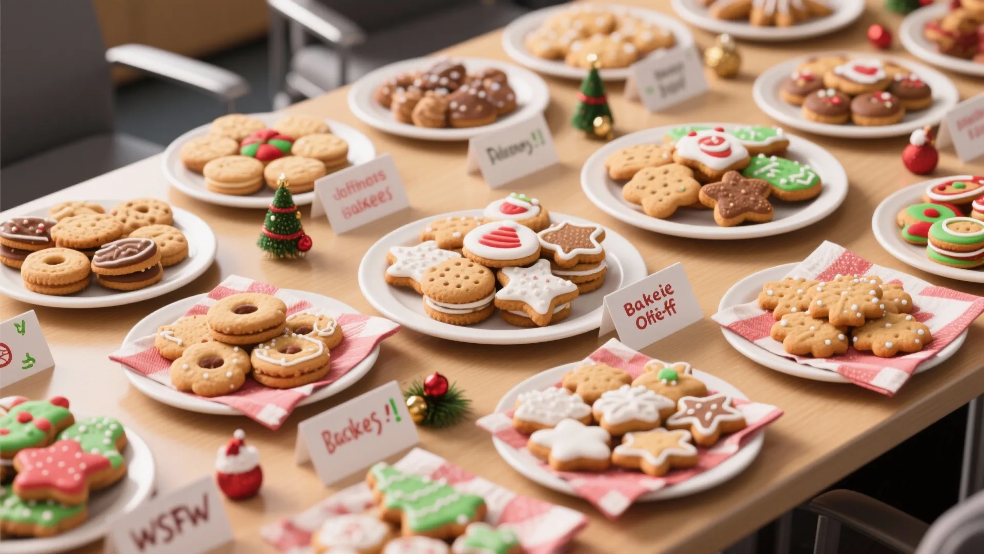 Table with many plates of holiday cookies and small labels for an office baking competition