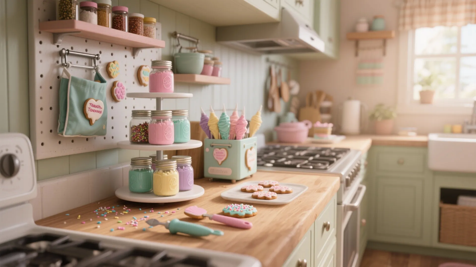 Pastel kitchen counter with tiered tray of colorful jars plus cookies and baking tools display
