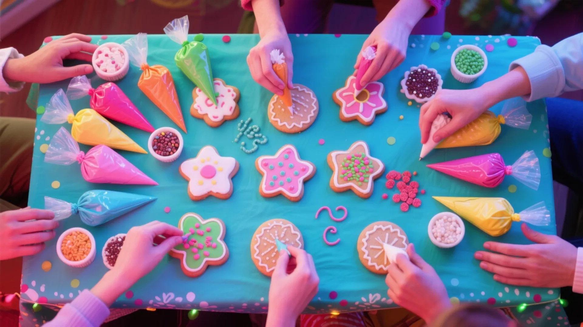 People decorating star shaped holiday cookies with colorful icing and sprinkles on a blue table cloth