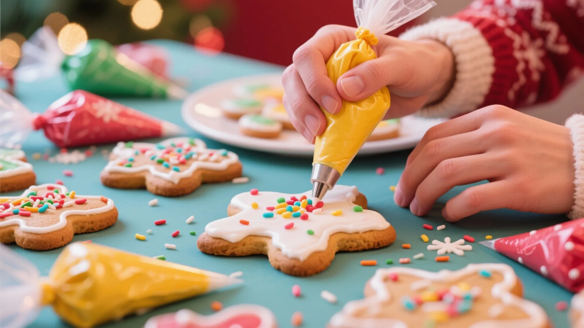 Hands decorating Christmas cookies with colorful icing and sprinkles