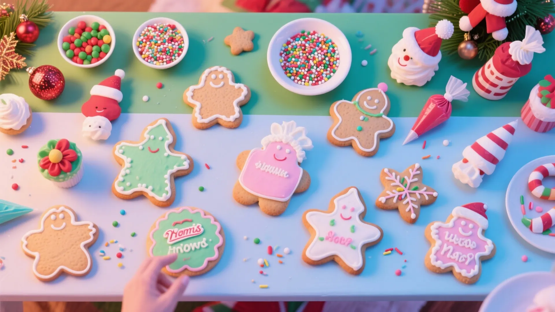 Various colorful Christmas gingerbread cookies and sprinkles spread across a light blue and green tabletop
