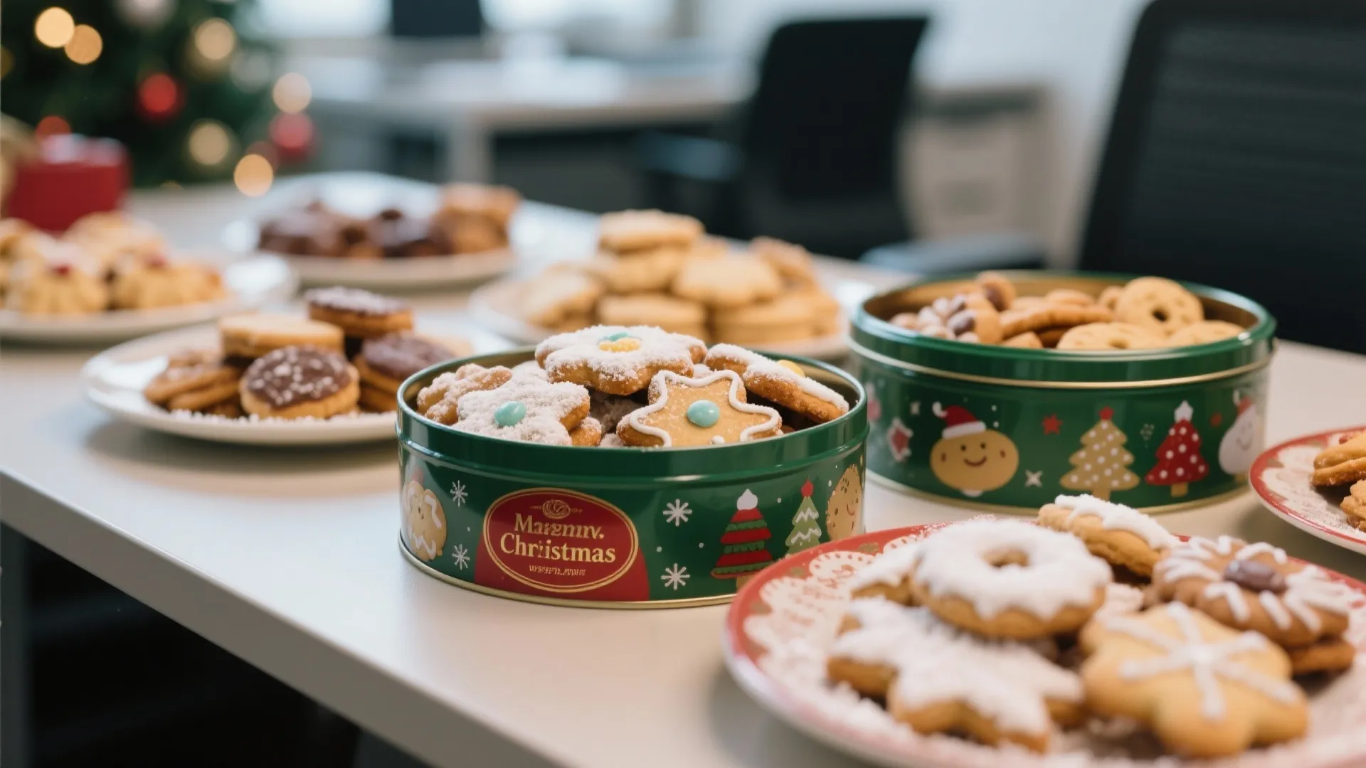 Variety of Christmas cookies in a green holiday tin and on white plates on a table