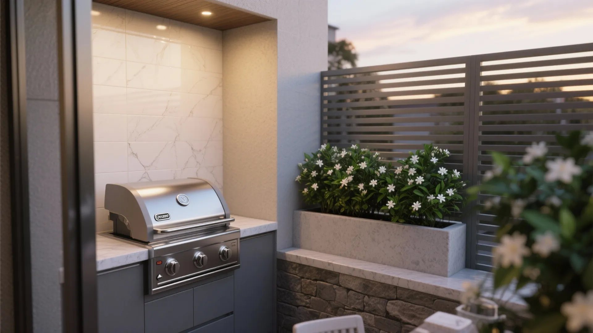 Outdoor cooking niche and planter-ledge balcony