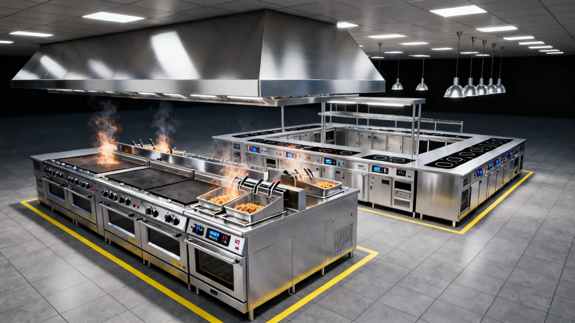 Professional kitchen with stainless steel stoves, fryers, large exhaust hoods, and many bright ceiling lights