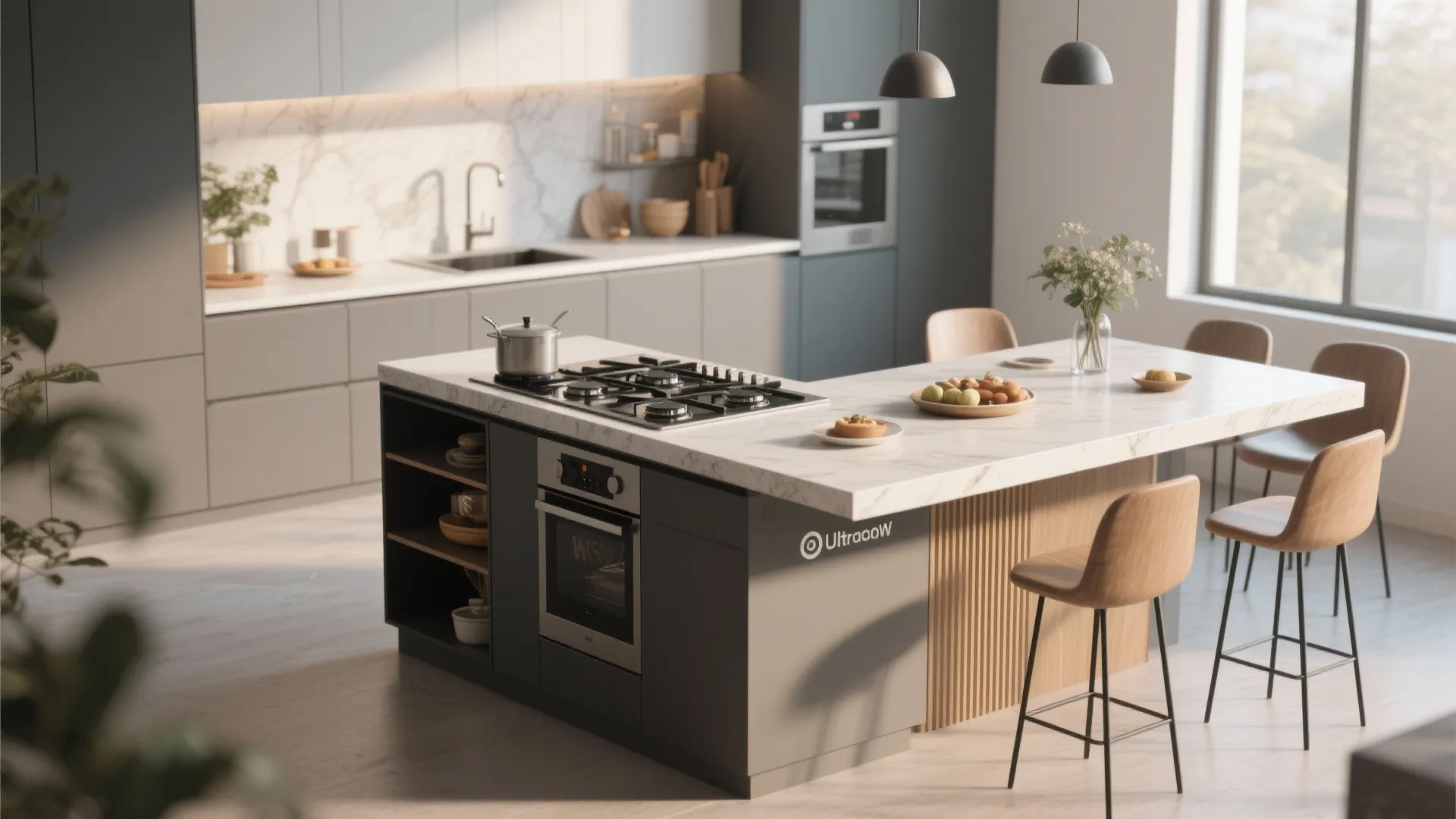 Kitchen island with integrated cooktop and dining area