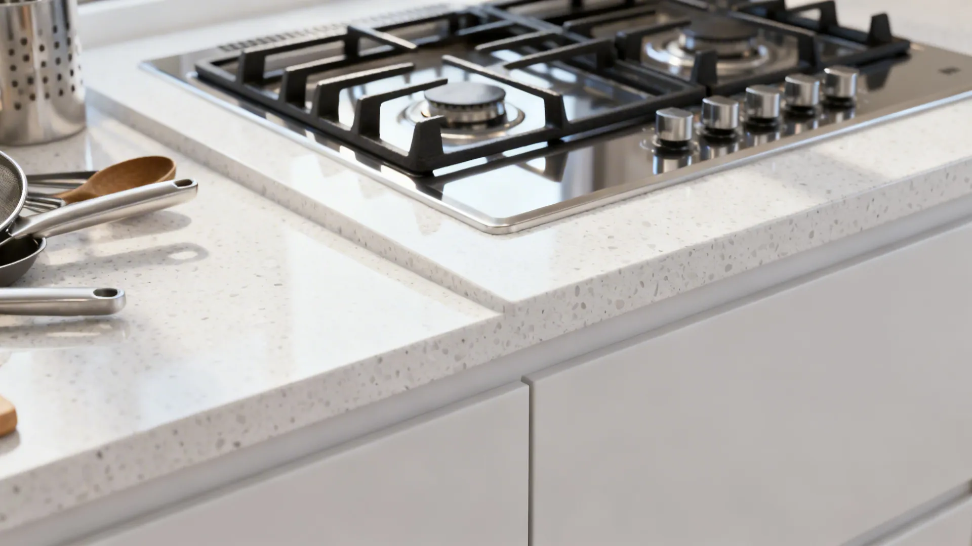 Macro of cooktop on terrazzo with clear landing space and matte cabinet fronts.